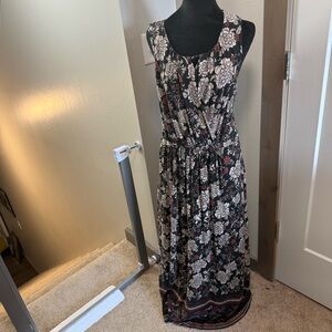 Garnet Hill Dark Floral Sleeveless Maxi Dress Cinch Waist Faux‎ Wrap Top Scoop L